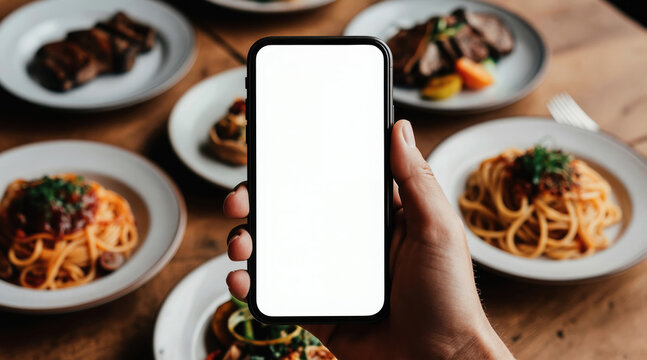 Man holds phone over table with various dishes. Person checks restaurant app, views food menu online. Mobile device screen displays digital information about meals. Dining, digital ordering, food app