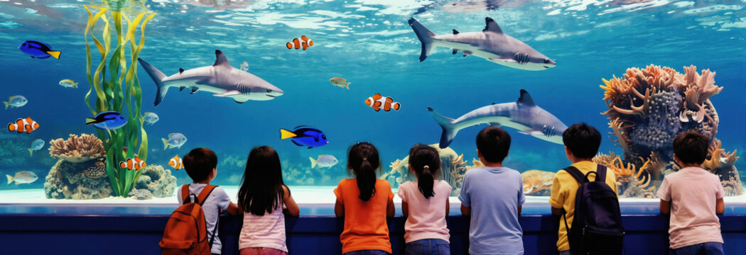 Children gaze at sharks and fish in large aquarium show. Kids observe marine life underwater. Families visit oceanarium for education and entertainment. Group studies aquatic creatures at display.