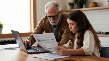 Fototapeta na wymiar Grandfather and granddaughter review papers and laptop. Family finances analyzed together at table. Learning money management indoors, planning financial future. Multi generational help with budgets.