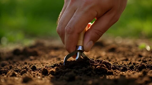 Gardener Hand Using A Hand Cultivator Rake Tool In The Soil