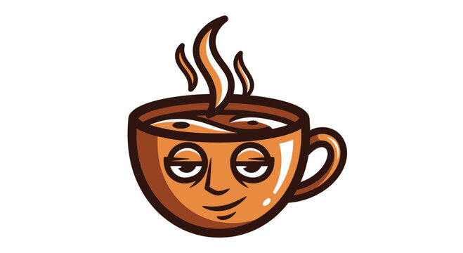 Funny Cartoon Coffee Cup Character with Sleepy Eyes, Steaming Hot Drink
