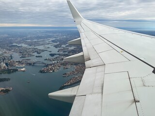 Naklejka premium View from airplane window over Sydney harbor