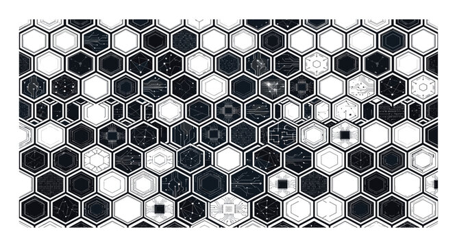 Digital futuristic honeycomb pattern with technology elements and binary code.