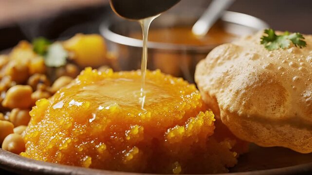 Delicious Indian Food Being Served with Ghee and Puri.