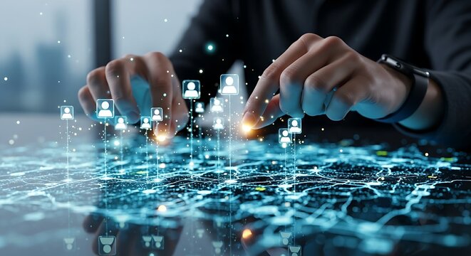 Lead generation concept. A close-up of a digital marketer's hands 'planting seeds' in a holographic 'digital field', which sprout as 'leads' (person icons).