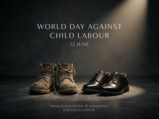 Conceptual illustration showing worn children and adult work boots on a dark background. world day against child labour with injustice, exploitation, awareness. world day against child labour