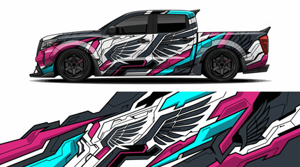Colorful truck with abstract wing design wrap. © Wahyu
