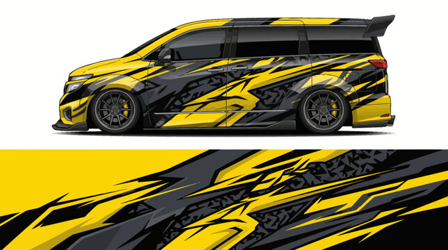 Black and yellow van with dynamic design wrap.