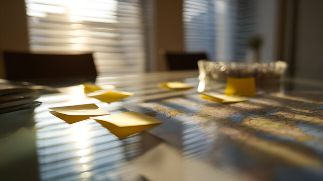 Warm sunlight streams across a glass table with scattered yellow notes and a world map, creating a thoughtful and inspiring atmosphere in a home or office setting