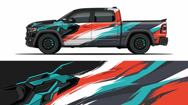Colorful pickup truck with vibrant abstract design.