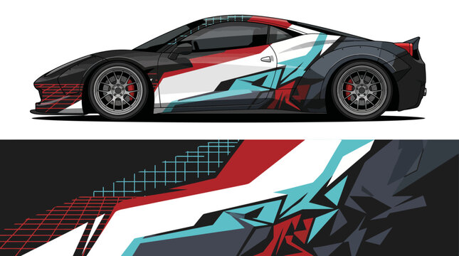 Abstract sports car with dynamic graphic design.