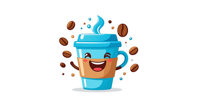 Pixel art cartoon coffee cup character with happy expression and flying coffee beans, vibrant blue and brown colors, playful and energetic mood
