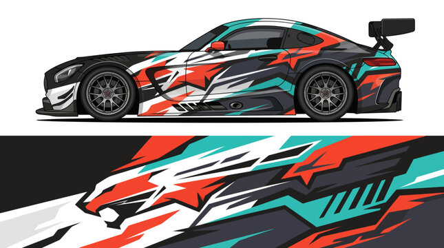 Colorful racing car with dynamic abstract design.