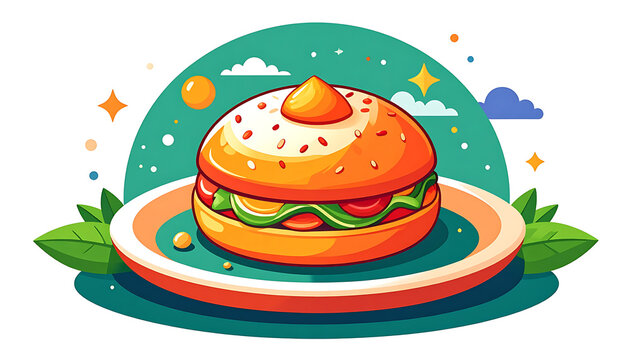 Pixel art burger illustration on plate, fresh lettuce, tomato, cheese, fast food element, cartoon style