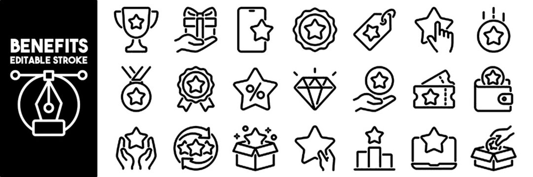 Set of Editable Stroke Outline Icons Related to Exclusive Benefits, Prizes, Incentives and Rewards, Isolated on White Background, Flat Vector Illustration