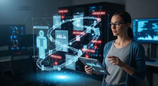 User journey analysis. A UX specialist's hands watch a user icon navigate a holographic 'obstacle course', identifying friction points in a user journey.