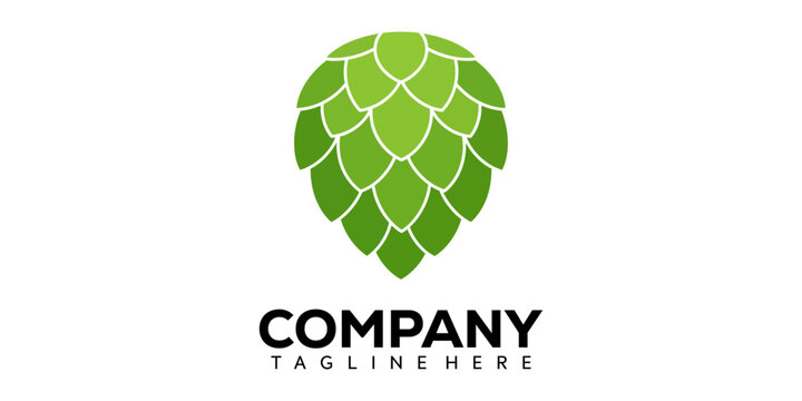 Green hop cone logo design with company tagline on white background for brewery or beer brand identity