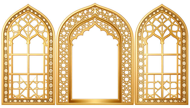 Ornate golden arched windows with intricate arabesque patterns, gothic architectural elements, decorative tracery, elegant ornamental design
