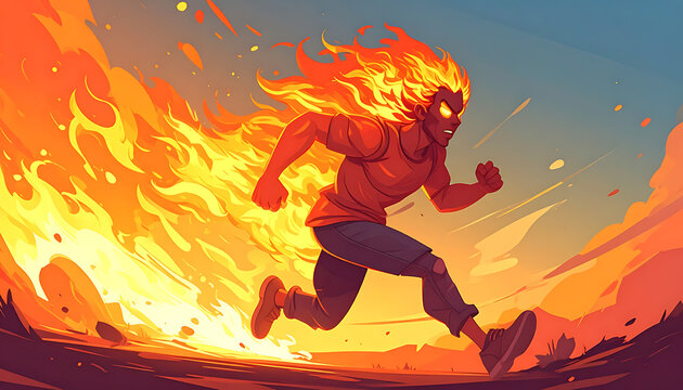 Pixel art character running engulfed in flames, intense fiery aura, dramatic sunset background, dynamic action scene