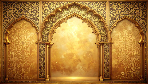 ornate golden archway with intricate islamic patterns and textured golden background, luxurious architectural design, exotic decorative element