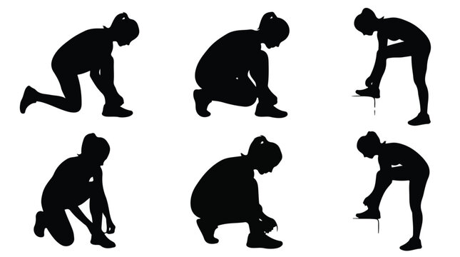 Silhouettes of woman tying shoe laces in various poses