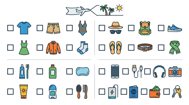 Flat lay illustration of travel essentials checklist with clothing, accessories, toiletries, and electronics arranged in quadrants against a white background with a plane graphic