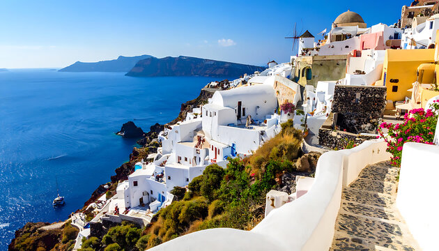 picturesque white village clinging to a cliffside overlooking the deep blue aegean sea, santorini greece, idyllic summer vacation destination