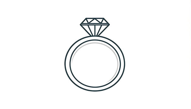 Outline of a diamond engagement ring with a simple band on a white background, symbol of love and commitment