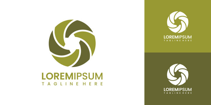 Vector graphic illustration of a camera shutter logo with lorem ipsum text on a white and green background for branding or design purposes with placeholder text.