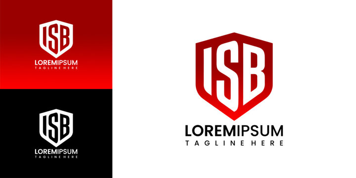 Vector graphic illustration of a shield logo design with letters usb and lorem ipsum tagline on red, white, and black backgrounds for branding and business identity purposes.