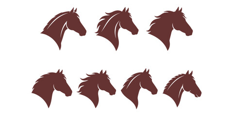 Brown horse head vector illustrations in various poses and angles showcasing different mane styles and designs on white background © agung