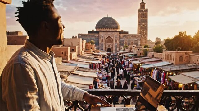 African man works on laptop, drinks coffee, Marrakech balcony