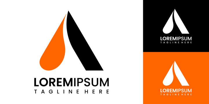 Modern logo design featuring a stylized letter A in orange and black with placeholder text on white, black, and orange backgrounds for branding and advertising purposes effectively.