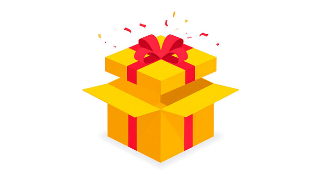 Open yellow gift box with red ribbon and bow, confetti exploding, isometric view, celebration and surprise concept