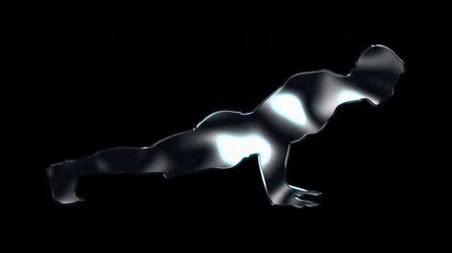 Silver metallic man doing push-ups upper body workout silhouette. Alpha channel. Seamless loop video.
