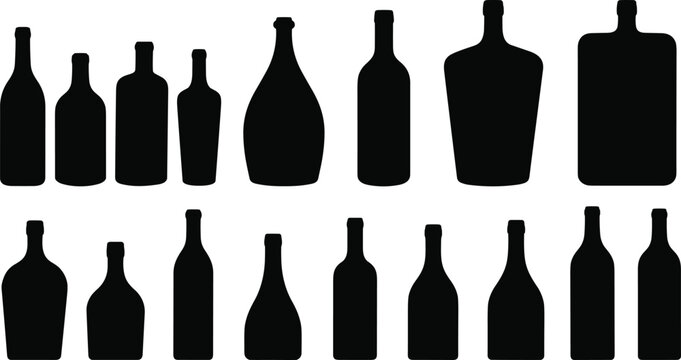 Silhouettes of bottles in multiple shapes and sizes for packaging, branding, product design, and illustration projects