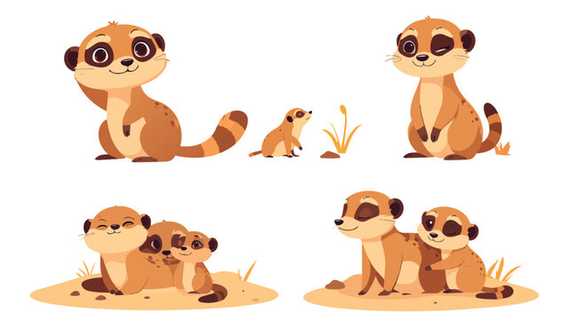 Set of cute cartoon meerkat characters in various poses including family and bonding scenes, adorable kawaii African animal illustration for children, flat vector style isolated on white background.