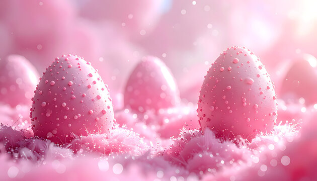 Pink pastel easter eggs decorated with tiny pink sprinkles, nestled in soft fluffy pink bedding, soft light, bokeh