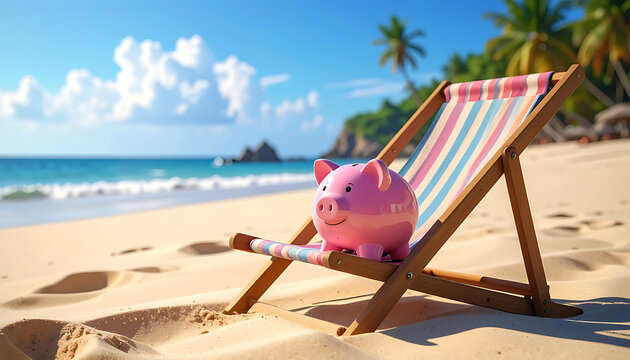 Pink piggy bank relaxing on a striped deck chair on a sunny tropical beach, symbolizing vacation savings and financial planning