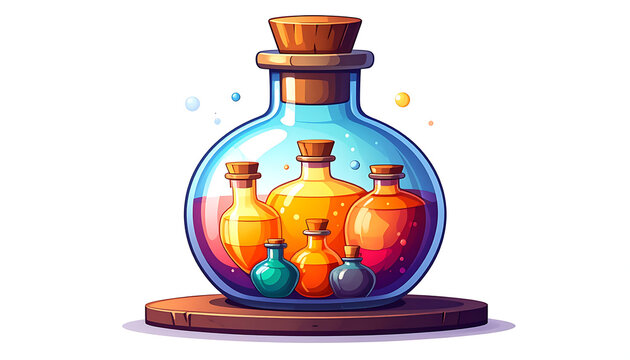 Pixel art collection of potion bottles with colorful liquids, fantasy alchemy, vintage game asset