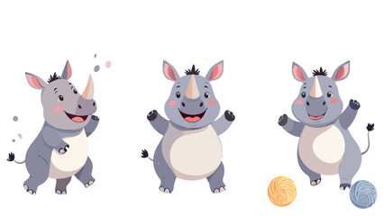 Naklejka premium Set of cute cartoon rhinoceros characters in various cheerful and playful poses with colorful balls, adorable kawaii wild animal illustration for children, flat vector style isolated on white backgrou