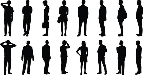 Silhouettes of diverse standing people in various postures and gestures for design, illustration, and body language studies © MdRobiul