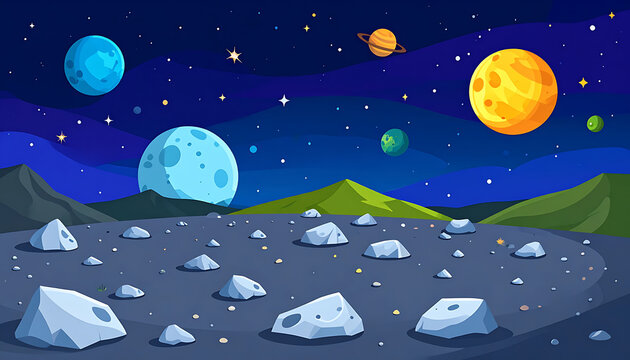 Pixel art alien landscape with planets, moons, mountains, and rocky terrain under a starry night sky, retro game style