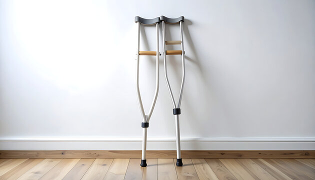 Pair of medical crutches leaning against a white wall on a wooden floor, representing recovery and mobility aid