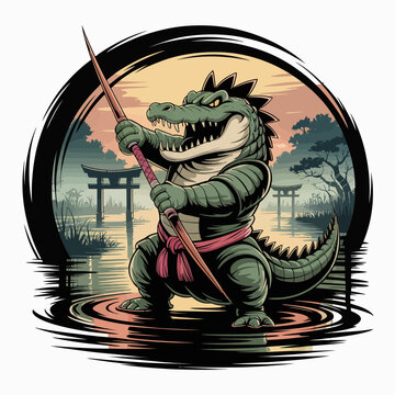 Cartoon crocodile in samurai costume.