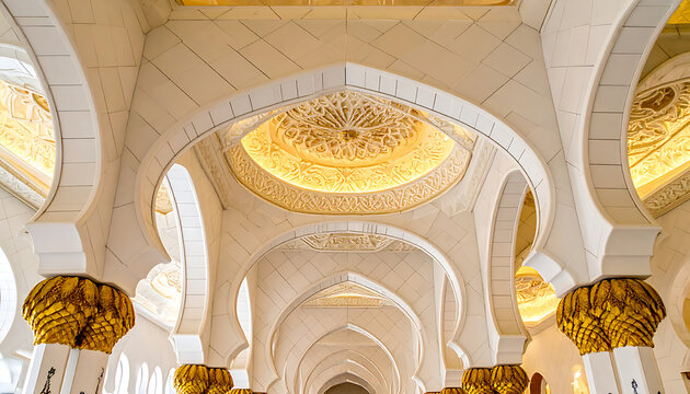 ornate arches and columns inside a grand mosque, intricate geometric patterns, warm golden light illuminating dome ceilings, architectural detail