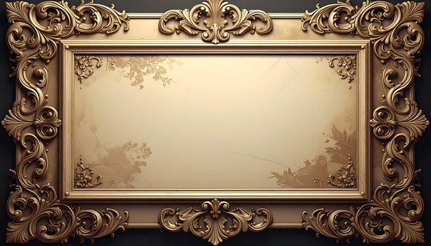 Ornate golden rectangular frame with intricate baroque details and a textured beige interior, suitable for antique displays or luxurious invitations