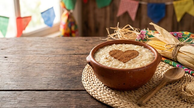 Brazilian Festa Junina Sweet Arroz Doce in a Clay Bowl with Cinnamon Heart on Rustic Wooden Table with Copy Space