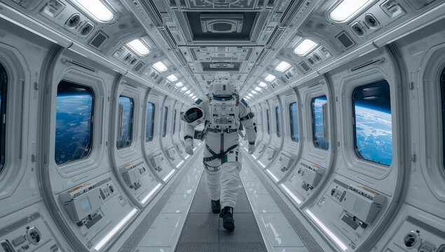 宇宙ステーションの回廊を進む日本人宇宙飛行士