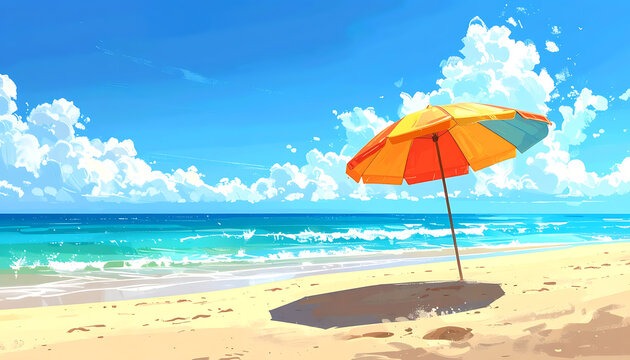 Pixel art beach scene with an umbrella casting a shadow on the sand, bright blue sky with clouds and calm ocean waves